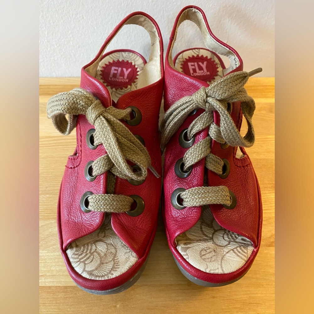 Fly London Red Leather Wedge Sandals with Tan Laces Sz 38
